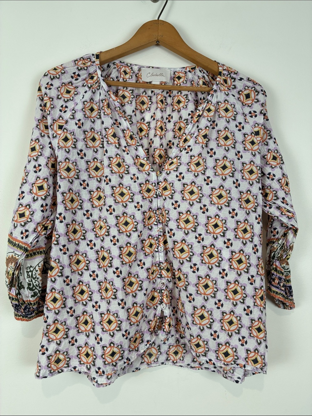 Cleobella XS Lavender Floral Medallion V-Neck Peasant Blouse 100% Organic Cotton